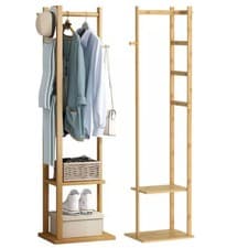 Image of Bamboo Clothes Rack Heavy Duty Coat Rail Free Standing Wardrobe w Hook & Shelves