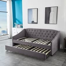 Image of Daybed with Trundle Grey 3ft Single Velvet Tufted Wooden Bedroom