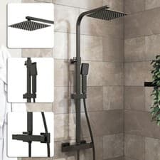 Image of Bathroom Thermostatic Exposed Shower Mixer Twin Shower Head Square Bar Set Black