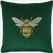 Image of Hortus Embroidered Bee Velvet Square Cushion - Emerald Green
