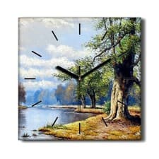 Image of Silent Wall Clock Canvas 30x30 Painting River Forest Trees Landscape Clouds
