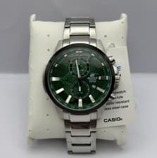 Image of NEW CASIO EDIFICE MENS WATCH GREEN DIAL STEEL SILVER BRACELET EFR-303DB-3AVUPR