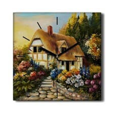 Image of Silent Wall Clock Canvas 30x30 Painting Flowers Trees Hut Countryside Nature