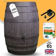 Image of Rustic Oak Barrel Look Water Butt Kit with Tap, Diverter & Cleaner for Garden