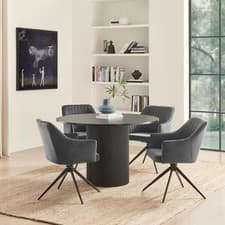 Image of Penrose Black Round Dining Table & 4 Calla Velvet Swivel Chairs