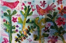 Image of Red Birds on Cactus , quirky Cotton Tea towel 46cm x 66cm