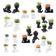 Image of 3-Piece Set White Figure Ceramic Pot With Artificial Succulent Plants