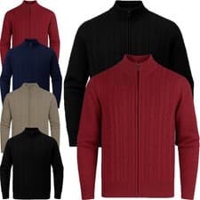 Image of Mens Zip Up Cardigan Cable Knitted High Neck Jumper Smart Casual Warm Knitwear