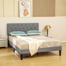 Image of HOMCOM Double Bed Frame with 5-Level Adjustable Linen Headboard Refurbished