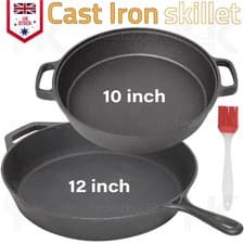 Image of Large Cast Iron Skillet Pre-Seasoned 10" 12" Steak Pan Frying Griddle Non-Stick
