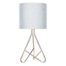Image of Litecraft Table Lamp Tripod Style Base With Grey Drum Shade - Copper Clearance