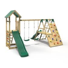 Image of Rebo Wooden Climbing Frame with Swings 6 & 8FT Slides & Climbing Wall Hayes