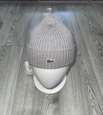 Image of Lacoste Mens Beanie Hat Grey Ribbed Wool One Size Brand New With Tags