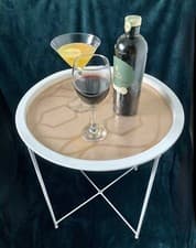 Image of Round butlers tray table foldable living room, side table white and gold/rose
