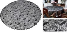 Image of Halloween Tablecloth Black Lace Round 180 cm Table Topper Mantle Cover Party