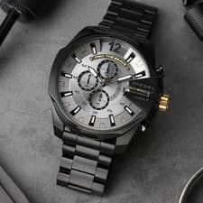 Image of Diesel DZ4479 Men Mega Chief Black Gold and Silver Stainless Steel Watch