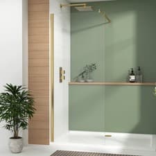 Image of Brushed Brass Wet Room Shower Screen For Walk In Enclosure 8mm Glass Cubicle