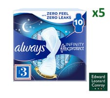 Image of Always Infinity Night (Size 3) Sanitary Pads with Wings, 10 per Pack (Pack of 5)
