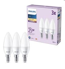 Image of Philips LED Frosted B35 Candle Light Bulb Warm White 2700K - E14 25W New 3 pack