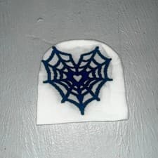 Image of White Beanie blue spider web Heart Pattern knit hat