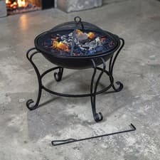Image of Outdoor Steel Fire Pit Bowl Matt Black Garden Patio Brazier with Mesh Lid
