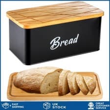 Image of Rustic Metal Bread Box with Bamboo Cutting Board Lid Black Bin 12.5x7x5.3in