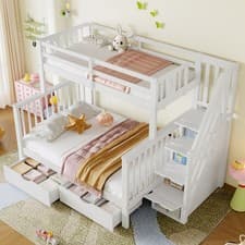 Image of Triple Bunk Beds for Kids Bunk Bed with Storage Drawers and Stairs Single Double