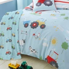 Image of Bedlam Farmyard Friend Tractor Print Fleece Throw Blue 120x150cm Soft Cuddly Fun