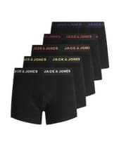 Image of Jack & Jones 5-Pack Cotton Stretch Trunks | Black with Coloured Logo Waistbands