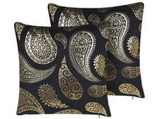 Image of Set of 2 Velvet Cushions Paisley Pattern 45 x 45 cm Gold and Black URSINIA