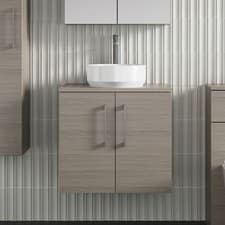 Image of Nuie Arno Wall Hung 2-Door Vanity Unit & Worktop 600mm - Solace Oak Woodgrain
