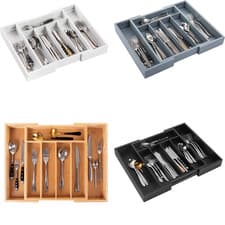 Image of Vencier Bamboo Cutlery Tray Adjustable Drawer Organiser Expandable 5-7 Compartme