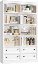 Image of Bookcase Tall 8 Shelves 4 Drawers 180cm Slim Storage Display Unit White Wood