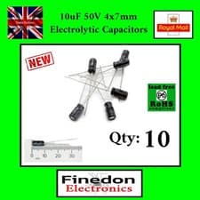 Image of 10 x Radial Electrolytic Capacitor 10uF 50v 105 deg 4x7mm Capacitors UK Seller