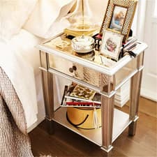Image of 2 Tier Luxury Silver Mirrored Side Table Nightstand w/ Drawer Sofa Side Bedside