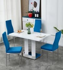 Image of Dining Table Set White High Gloss 4 Seater Rectangular with 4 Velvet Chairs Home