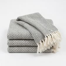 Image of COTTON HERRINGBONE THROW LARGE GREY FRINGE TASSEL SOFA BED CHAIR BLANKET 170X200