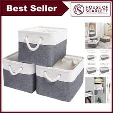 Image of Large Fabric Storage Baskets Set of 3 Cold Grey White Handles Foldable Wardro...