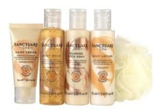 Image of Sanctuary Spa 75ml Bath Soak, Body Lotion & Body Wash + Hand Cream 30ml + Puff