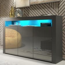 Image of Sideboard TV 155cm I Stand Cupboard Cabinet I Grey High Gloss Doors I Free LED