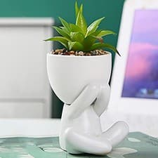 Image of 2-Piece Set White Figure Ceramic Pot With Artificial Succulent Plants