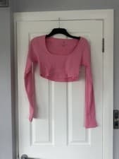 Image of Adidas Pink Ribbed Cropped Long Sleeve Top size L