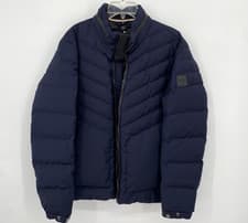 Image of Hugo Boss Jacket Mens 38R Blue Down Puffer Full Zip Hidden Hood Water Repellent