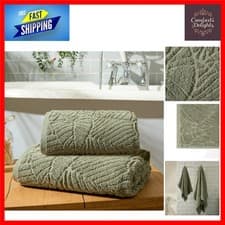 Image of Elegant Leaf Embossed Green Cotton Hand Towels - Soft, Absorbent, 2 Pack