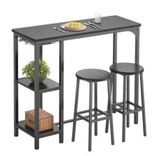 Image of Industrial Breakfast Bar Table & 2 Stools Set Kitchen Dining Wood With Storage