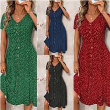 Image of Ladies V-neck Midi Dress Holiday Summer Polka Dots Buttons Short Sleeve Dresses