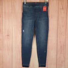 Image of Spanx Distressed Denim Legging Womens Sz M Pull On Frayed Raw Hem Dark Wash