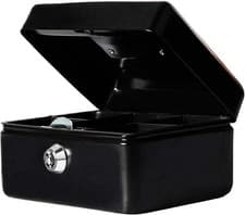 Image of 4-Inch Black Cash Box Steel Money Safe with Key Lock and Removable Coin Tray