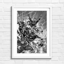 Image of Justice League Heroes Squad Action Black & White Framed Wall Art Print Large