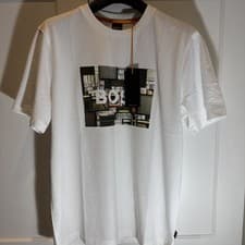 Image of HUGO BOSS MENS TEE HEAVYBOSS PRINTED WHITE TEE SIZE LARGE BNWT RRP £49 GENUINE